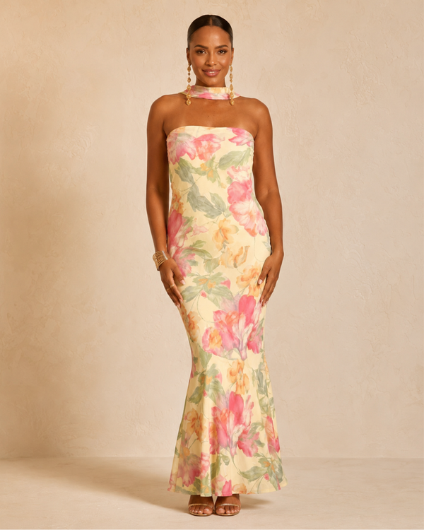Faith | Strapless Floral Watercolor Long Dress