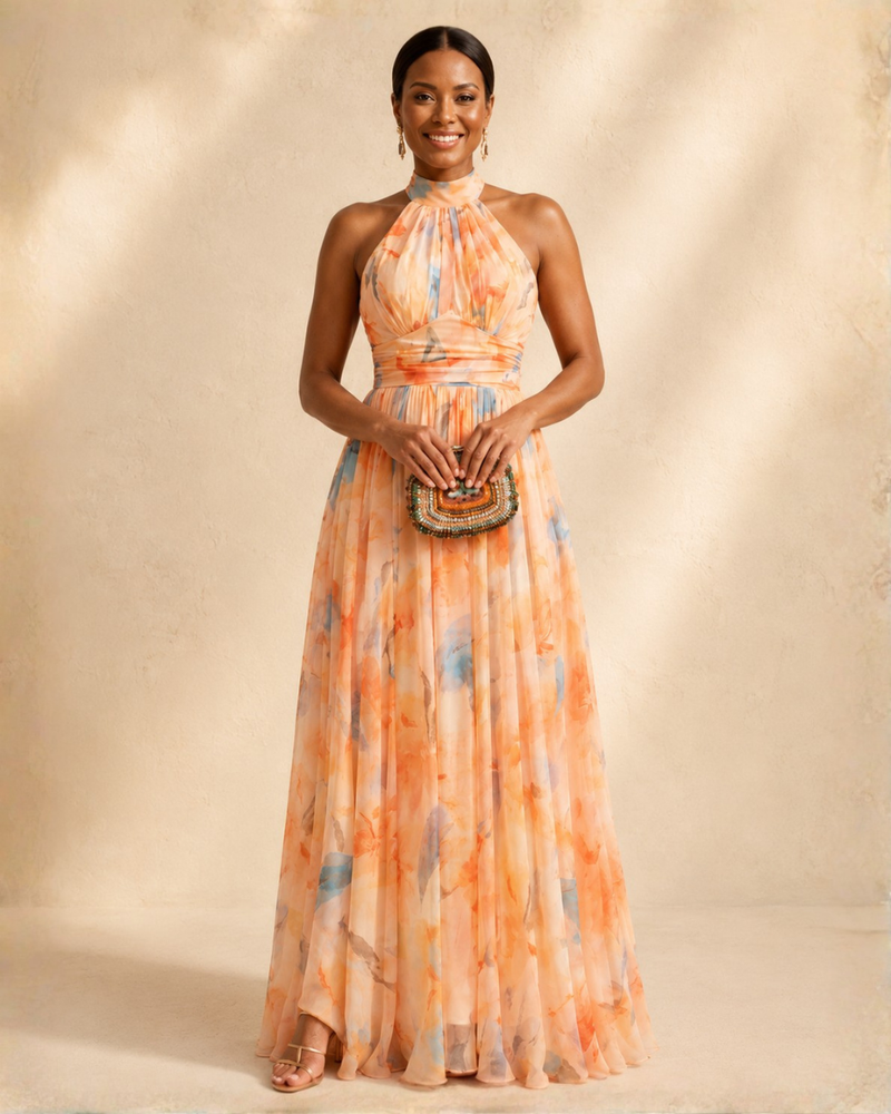 Chloe | Halter Neck Dress with Watercolor Print